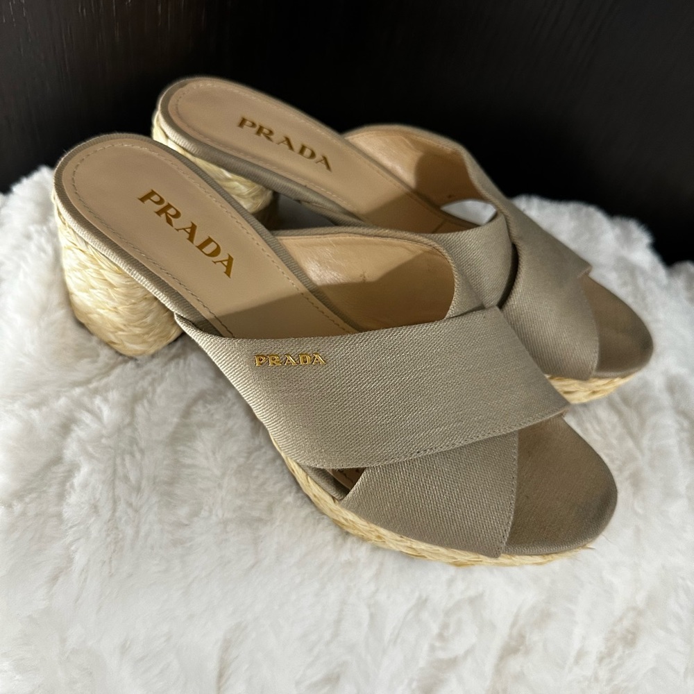 Prada jacquard fabric beige open espadrilles